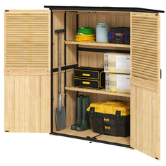 Wood Storage Shed, Outdoor Garden Shed With Asphalt Roof, 2 Shelves, Lockable Doors And Adjustable Feet, Natural