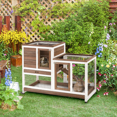 Wooden Rabbit Hutch Elevated Bunny Cage Indoor Small Animal Habitat with Enclosed Run with Wheels, Ramp, Removable Tray for Rabbits, Chickens, Ducks, Guinea Pigs, Brown