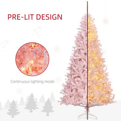 HOMCOM 7.5' Tall Prelit Christmas Tree Douglas Fir Artificial Christmas Tree With Realistic Branches, 500 Warm White LED Lights And 1346 Tips, Pink