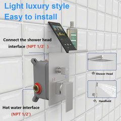 Rain Shower System With Storage Rack, 10-inch Shower Faucet Set, Brushed Nickel Finish, High-pressure Square Shower Head, Luxury Wall-mounted Shower Set.