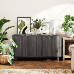 Fluted Sideboard Buffet Cabinet, 55" Coffee Bar Cabinet with 4 Doors, 2 Adjustable Shelves, 5 Wood Legs, Dark Gray