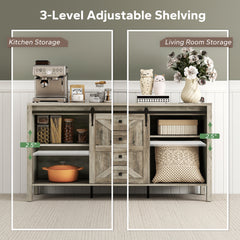 59" Buffet Cabinet, Farmhouse Sideboard with Thick Top, 2 Barn Doors, 4 Drawers and 2 Adjustable Shelves, Gray Wash
