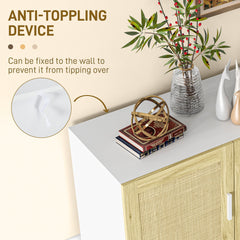 Boho Kitchen Cabinet, Buffet Cabinet with 3 Rattan Doors and Adjustable Shelves for Dining Room, White and Natural