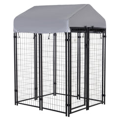 Outdoor Dog Kennel with Roof, 4' x 4' x 6' Heavy Duty Welded Wire Dog Playpen Enclosure with Escape-proof Lock, UV-Resistant & Waterproof Cover, for Medium Dogs, Chickens, Ducks, Silver