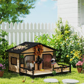 Dog House Outdoor, Wooden Dog Kennel Weatherproof with Porch, Openable Roof, Removable Bottom, Elevated Floor, Double Room for 2 Small to Medium Breeds, Natural