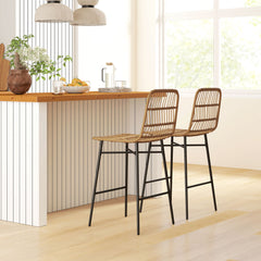 Rattan Counter Bar Stools Set of 2, 26" Counter Height Barstools with Back, Bar Chairs for Kitchen Island, Brown