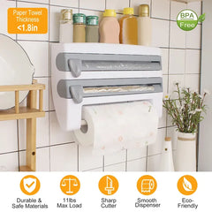 Kitchen Roll Dispenser Paper Roll Holder Plastic Wrap Film Foil Paper Organizer W/ Cutter Wall Mounted For Kitchen Bathroom