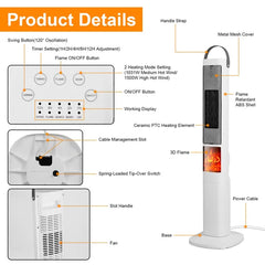 1500W Oscillating Ceramic Tower Space Heater With 3D Flame Portable Electric Heater With 3 Wind Modes Remote Control 5 Timer Overheat Tip-Over Protection For Bedroom Office