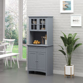 Elegant Buffet with Hutch, Kitchen Pantry Storage Cabinet with Framed Glass Door Drawer and Microwave Space, Gray