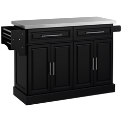 Rolling Kitchen Island Cart with Wheels, Portable Island Table for Kitchen with Stainless Steel Top, Adjustable Shelves, 2 Drawers, Spice, Knife and Towel Rack, Black