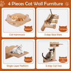 Cat Wall Furniture Set Of 4 With Hammock 2-step Cat Tree And Perch