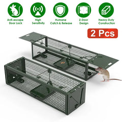 2Pack 15.35x4.72x3.94in 2-Door Humane Live Rat Trap Galvanized Iron Rodent Trap Cage Reusable For Home Garden Farm Warehouse
