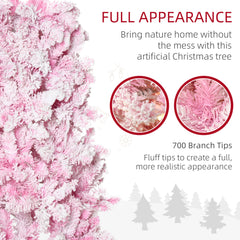7.5ft Prelit Snow Flocked Artificial Christmas Tree with Pencil Shape, Pine Realistic Branches, Warm White LED lights, Auto Open, Pink and White