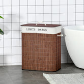 Bamboo Laundry Basket with Lid and String Handles, Collapsible Laundry Hamper with 2 Removable Bags, Brown