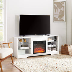 TV Stand Electric Fireplace Glass Shelves, 3D Fireplace TV Stand With LED Lights Wood With USB Charging Outlet Modern Television Table Center For TV Up To 62 White, 58Wx15.5Dx24.4