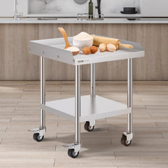 Stainless Steel Work Table, 24 X 24 X 30 Inch Commercial Food Prep Worktable With 4 Wheels, Casters, 3-Sided Backsplash Heavy Duty Prep Worktable, Metal Work Table For Restaurant Home Hotel