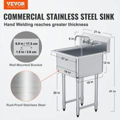 Stainless Steel Prep & Utility Sink, 1 Compartment Free Standing Small Sink Include Faucet & Legs, 21"x41" Commercial Single Bowl Sinks For Garage, Restaurant, Kitchen, Laundry