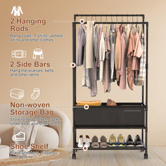 3 Tiered Portable Clothing Rack For Bedroom Entryway Double Hanging Rods Sturdy Iron Garment Rack With Double Height Rods Adjustable Storage Bag Lockable Universal Wheels Easy Assembly