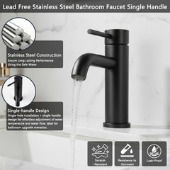Single Handle Bathroom Faucet, Stainless Steel Single Hole Lavatory Faucet, Modern Sink Faucet, Matte Black