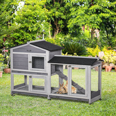62" Wooden Mobile Rabbit Hutch with Wheels, Run Box, Slide-out Tray, Ramp