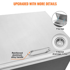 Drop In Ice Chest, 20'L X 16'W X 13'H Stainless Steel Ice Cooler, Commercial Ice Bin With Hinged Cover, 40 Qt Outdoor Kitchen Ice Bar, Drain-pipe And Drain Plug Included, For Cold Wine Beer