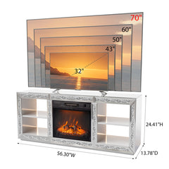 Silver Mirror Modern TV Stand With 18 Inch Fireplace Insert & Storage Shelves, Medium Density Fiberboard Fireplace TV Console For Living Room, 143 X 35 X 62 Cm