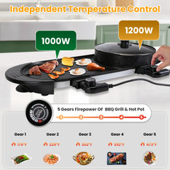 2200W 2 In 1 Electric Hot Pot With BBQ Grill Cooker Smokeless Non-Stick Korean BBQ Grill Shabu Shabu Hot Pot With Independent Temperature Control 5 Gears Firepower For 2-10 People