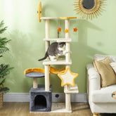 63 Inch Moon and Star Themed Cat Tree with Scratching Post, Hammock, Condo, Bed, Scratching Board & Cat Toys, Beige