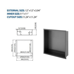 12 X 12 In Stainless Steel Shower Niche - Gunmetal Black, Waterproof, Easy Installation, Corrosion-Resistant