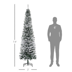HOMOM 7.5ft Flocked Christmas Tree, Pencil Artificial Xmas Tree with Faux Snow, Dense Branches, Foldable Metal Base for Indoor Holiday Decor