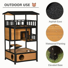 Wooden Outdoor Cat House, Feral Cat Shelter Kitten Condo with Asphalt Roof, Escape Doors, Condo, Jumping Platform, Yellow
