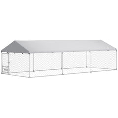 Outdoor Dog Kennel with Adjustable & Rotatable Bowl Rack, Waterproof Cover, Secure Lock, 19.7' x 7.5' x 5.2'