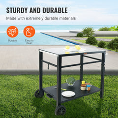 Outdoor Grill Dining Cart With Double-Shelf, BBQ Movable Food Prep Table, Multifunctional Iron Table Top, Portable Modular Carts For Pizza Oven, Worktable With 2 Wheels, Carry Handle, Black