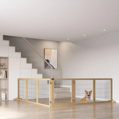 PawHut Wooden Pet Gate, 6-Panel Folding Dog Safety Barrier With Support Feet For Small & Medium Dogs, Natural Wood