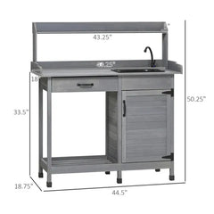 Gray Outdoor Potting Bench With Sink And Faucet ,Hooks,Storage Cabinet