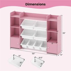 Pink Multi-Functional Kids Storage Shelf - Toy Organizer+Bookcase, 56"x12"x39", Anti-Toppling, 265lbs Capacity