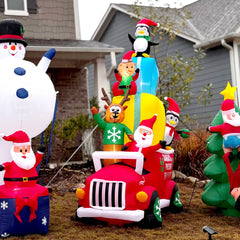9ft Christmas Inflatables Outdoor Decorations Santa Claus Drives a Gift Car with Elk, Elf and Two Penguins, Blow-Up LED Yard Christmas Decor for Garden, Lawn