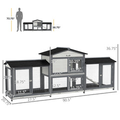 90.5" Wooden Rabbit Hutch Bunny Cage Pet Playpen House Enclosure with Double Side Run Boxes, No Leak Tray, Ramp, for Rabbits, Chickens, Ducks, Guinea Pig and Small Animals, Light Gray