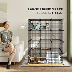 DIY 4 Tier Cat Cage Indoor with Hammock, Ramps, Jumping Platforms, Doors, Cat Enclosure for 1-3 Cats, 3 x 3 x 4, Black