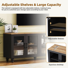 ON-TREND Farmhouse TV Stand With Tempered Glass Doors For TVs Up To 70, Versatile Sideboard With Adjustable Shelves, Elegant Buffet Cabinet With 5 Solid Wood Gourd-Shaped Legs For Living Room, Black