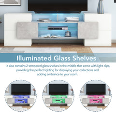 ON-TREND Unique Shape TV Stand With 2 Illuminated Glass Shelves, High Gloss Entertainment Center For TVs Up To 88, Versatile TV Cabinet With LED Color Changing Lights For Living Room, Grey