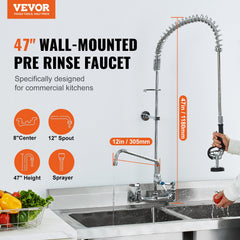 Commercial Faucet With Pre-Rinse Sprayer, 47' Height, 8' Center, 12' Swing Spout, Wall Mount Kitchen Sink Faucet, Brass Constructed Device With Pull Down Spray, For 1/2/3 Compartment Sink