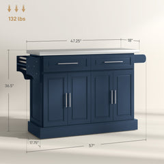 Rolling Kitchen Island with Stainless Steel Top, 2 Drawers, Spice, Knife and Towel Rack and Cabinets, Navy Blue