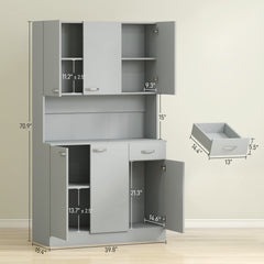 71" Kitchen Pantry Cabinet, Tall Storage Cabinet with Microwave Stand, Modern Kitchen Hutch with Countertop, 6 Doors, Storage Drawer, 3 Adjustable Shelves for Living Room, Dining Room, Gray