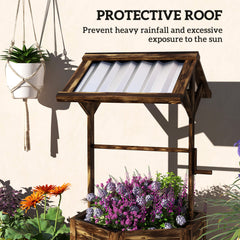 Wooden Wishing Well Planter, Raised Garden Bed With Galvanized Canopy-Tan