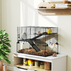 31" Hamster Cage, Gerbil Cage with Glass Basin for Small Hamsters, Black