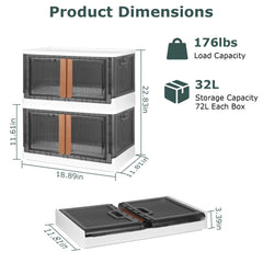 2Pc Foldable Storage Bins With Lid Collapsible Stackable Closet Organizer Containers With Front Door Lock 4Pcs Wheels 32L 72L Size Options