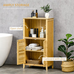 Bamboo Floor Cabinet Bathroom Floor Cabinet Living Room Organizer Tower with Multiple Shelves and Doors, Natural