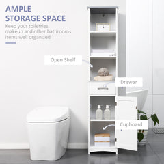 Tall Bathroom Storage Cabinet, Narrow Bathroom Cabinet with 3 Tier Shelving, Drawer and Adjustable Shelves, Slim Freestanding Linen Tower, White