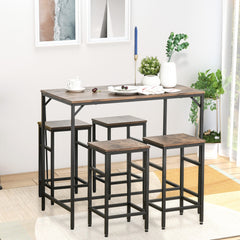 5-Piece Industrial Dining Table Set, Bar Table & 4 Stools Set, Space Saving for Pub & Kitchen, Rustic Brown/Black